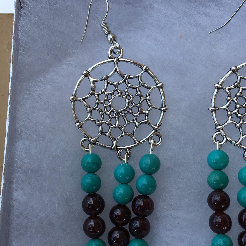Turquoise Magnesite Garnet Dreamcatcher Earrings - Picture 5 of 8